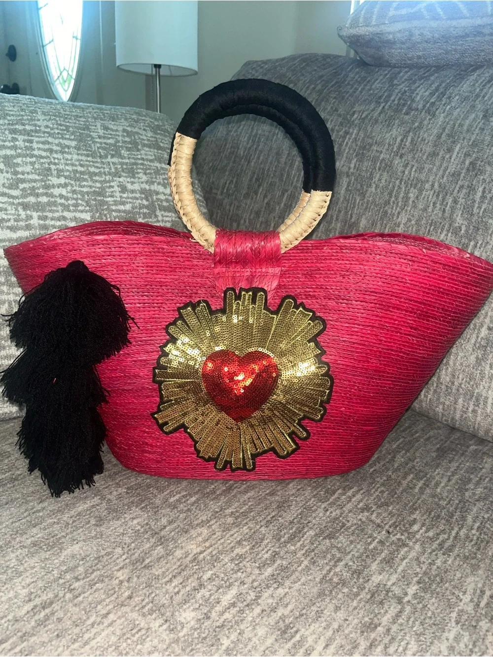 Woven Pink Heart Emblem Tote Bag with Ring Handles - Picture 1 of 4